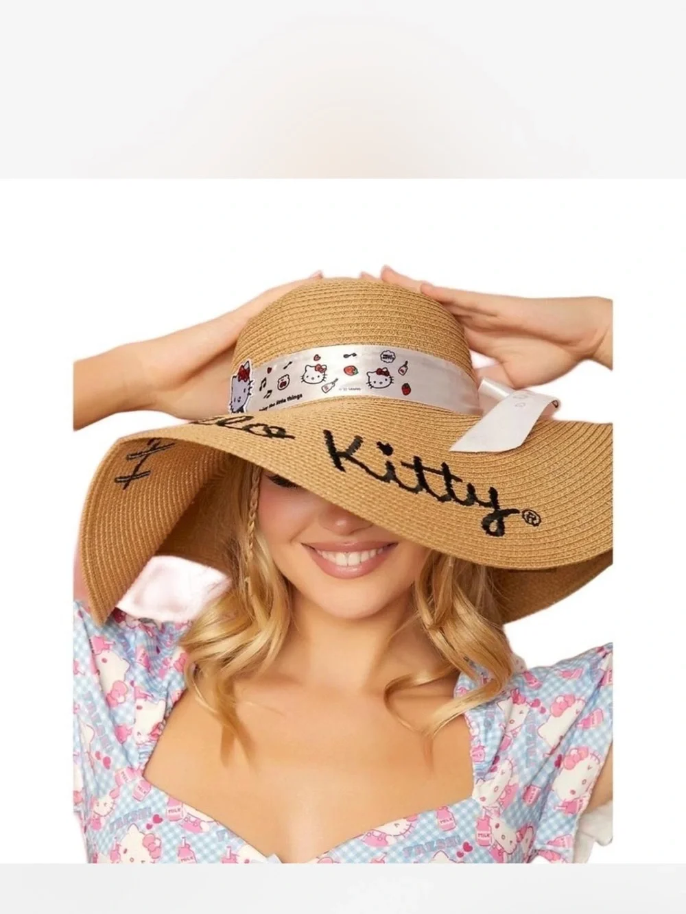 Hello Kitty Shein Tan Wide-Brim Floppy Straw Sun Hat with Cream Ribbon Bow